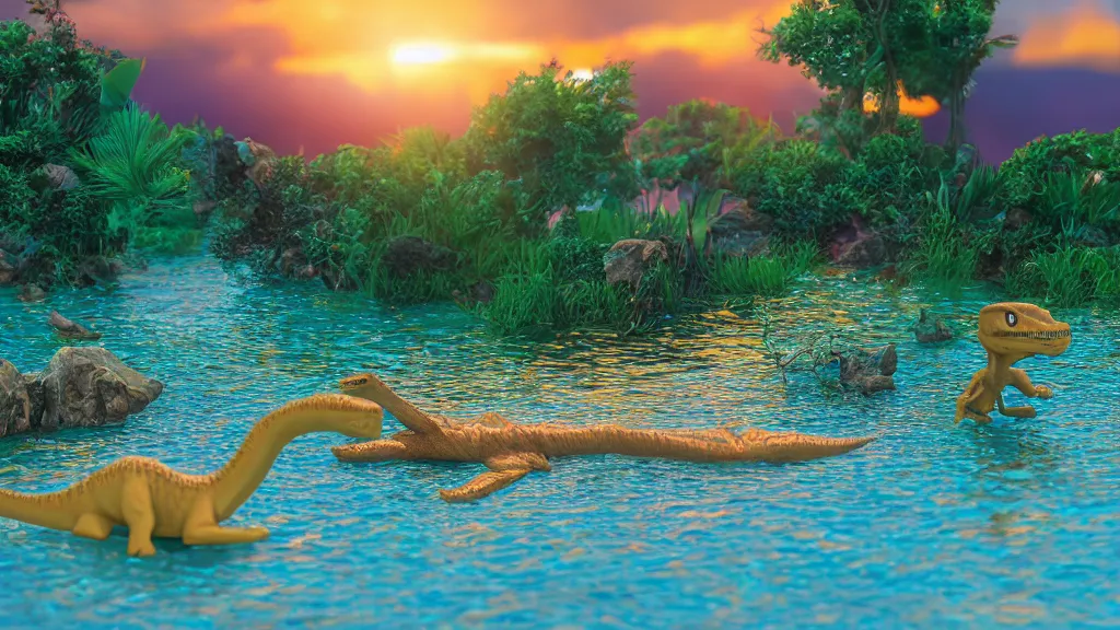 Image similar to a dinosaur swimming in lake barbies city, sunset lighting, rim light, hyper realistic, 1 0 5 mm, cinematic frame