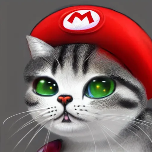 Prompt: Portrait of a Kawaii Cat dressed as Super Mario, Mario hat, nintendo, highly detailed, digital painting, artstation, concept art, smooth, sharp focus, illustration, art by artgerm and greg rutkowski and alphonse mucha
