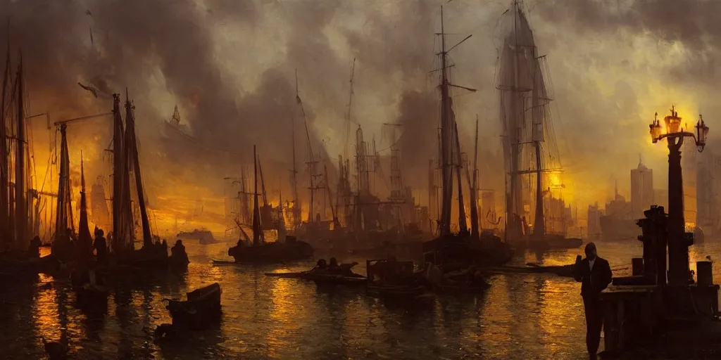 Prompt: a seaport in 1 9 4 0 with red light on, sunny day, a men stand up next to the edge, oil on canvas, art by andreas achenbach, clemens ascher, tom bagshaw and sabbas apterus,