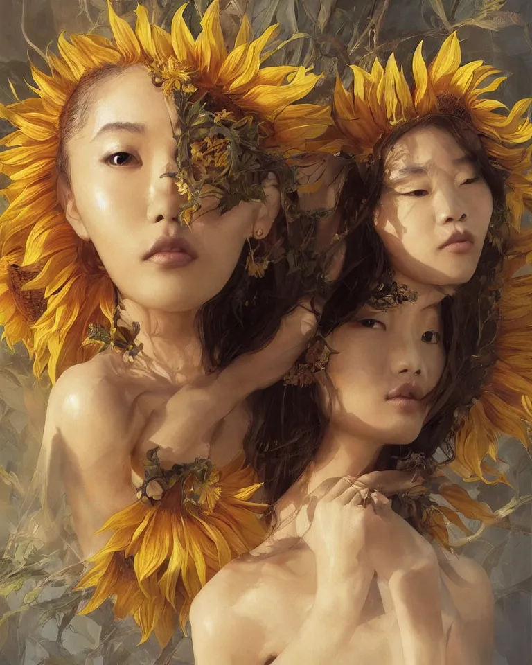 Prompt: a professional painting of the Sunflower Goddess, beautiful and wise-looking east-asian woman, olive skin, beautiful bone structure, symmetrical facial features, intricate, elegant, digital painting, concept art, smooth, sharp focus, illustration, art style by Ruan Jia and Mandy Jurgens and Artgerm and William-Adolphe Bouguerea