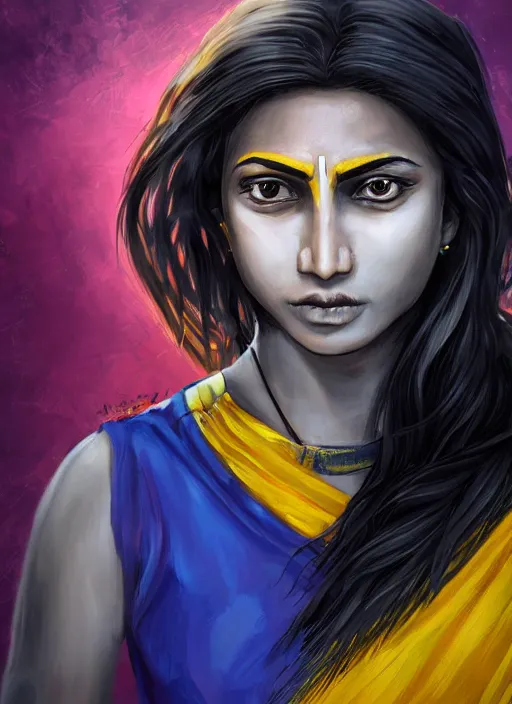 Image similar to An epic fantasy comic book style portrait painting of a young Indian woman named Immodi, very expressive, dark piercing eyes, tomboy, mischievous, smirk, round face, very dark tan skin, futuristic short black hair style, wearing a blue and yellow soccer uniform, arms crossed, unreal 5, DAZ, hyperrealistic, octane render, cosplay, RPG portrait, dynamic lighting