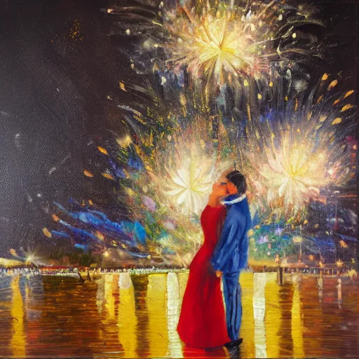 Image similar to an oil painting of couple kissing, in a background fireworks in new york