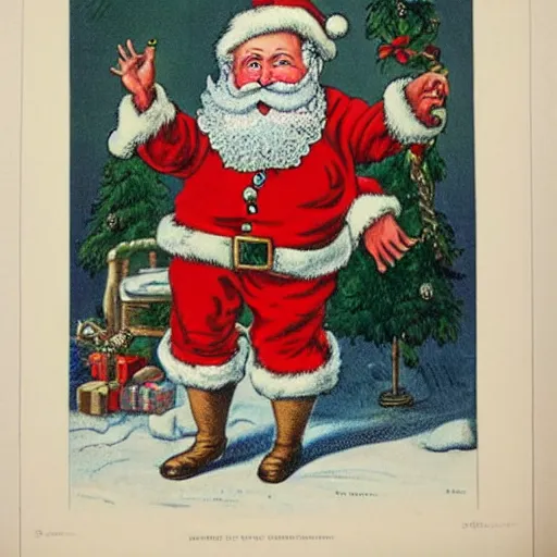 Prompt: currier and ives print showing santa claus using the toilet with his pants around his ankles, highly detailed