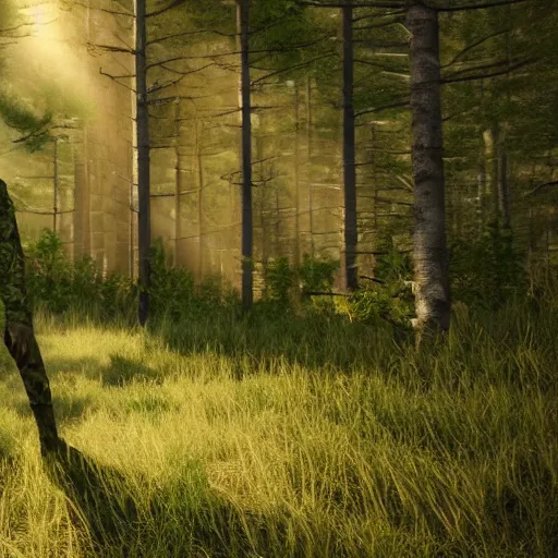 Prompt: a man wearing a white ghillie suit, walking through a forest, sunny day, octane render, ray traced, sun rays, extremely high detail