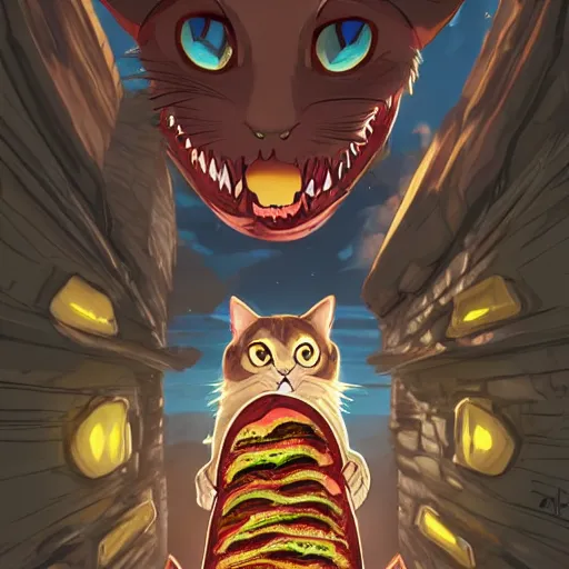 Prompt: scared cat attacked by the giant carnivorous sandwich, artstation hq, dark phantasy, stylized, symmetry, modeled lighting, detailed, expressive, created by hayao miyazaki