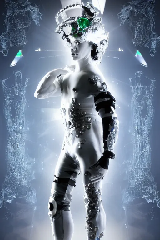 Image similar to full-body rococo and cyberpunk style crystal quartz sculpture of a young handsome seductive chilean android gogo boy reaching for the moon, glowing white laser eyes, crown of black gears and diamonds, swirling green-colored silk fabric. futuristic elements. full-length view. intricate artwork by caravaggio. Trending on artstation, octane render, cinematic lighting from the right, hyper realism, octane render, 8k, depth of field, 3D