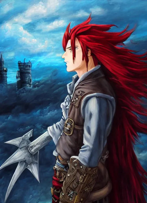 Image similar to epic fantasy portrait painting of a long haired, red headed male sky - pirate in front of an airship in the style of the full metal alchemist anime