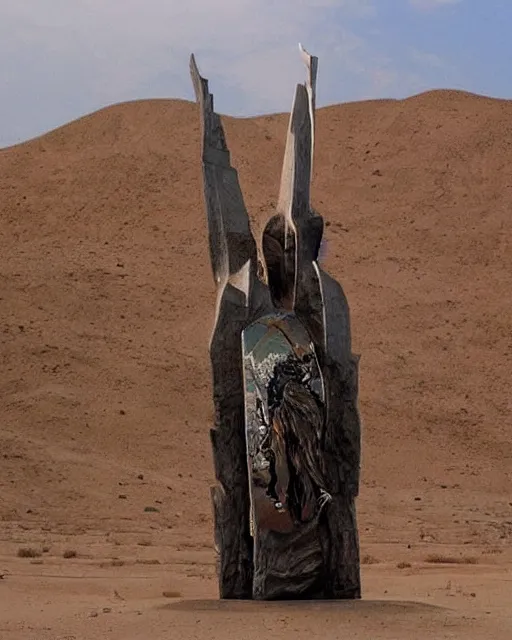 Image similar to strange cyberpunk pagan giant monument in the middle of the desert by dali and bosch and moebius