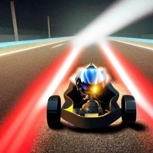 Image similar to go - kart racer taking a corner at speed on a race track, motion blur, laser, smoke, debris, fast movement, artistic angle, light streaks, dark mood, night time, octane render, ultra realistic