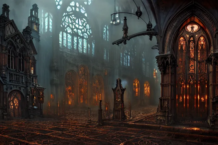 Image similar to steam necropolis, memento mori, gothic, neo - gothic, art nouveau, hyperdetailed copper patina medieval icon, stefan morrell, philippe druillet, ralph mcquarrie, concept art, steampunk, unreal engine, detailed intricate environment, octane render, moody atmospherics, volumetric lighting, ultrasharp, ominous, otherworldly