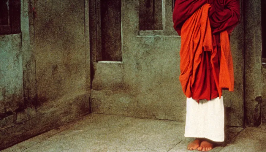 Prompt: 7 0 s film still from a horror movie about a buddhist monk, kodachrome, cinecolor, cinestill, film grain, film texture, retro, cinematic, high resolution, photorealism,