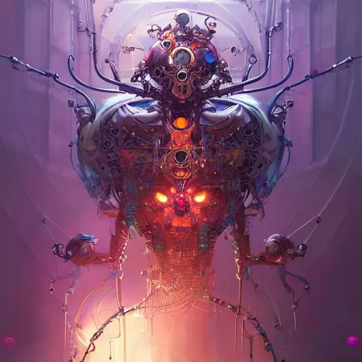 Image similar to biomechanical spider king, cyberpunk, bionics, augments, lights, cables, elegant gleaming intricate baroque jewellery, colorful, vivid, imposing, epic, digital painting, artstation, concept art, by peter mohrbacher and wlop and rhads,