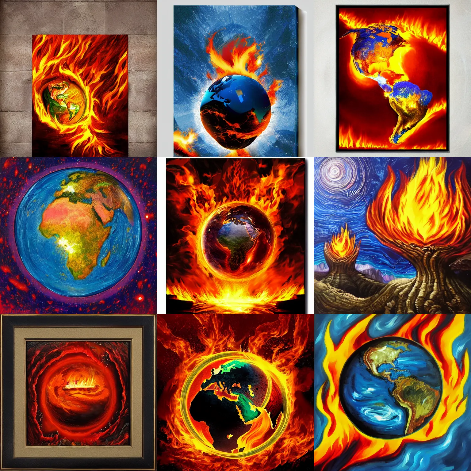 Prompt: <artwork quality=masterpiece mode='attention grabbing'>The earth on fire</artwork>
