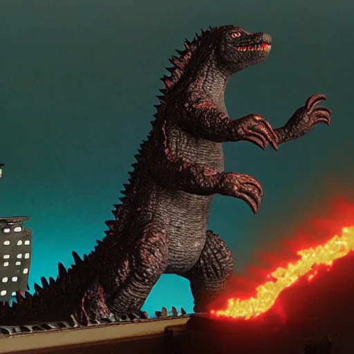 Image similar to claymation Godzilla destroying city