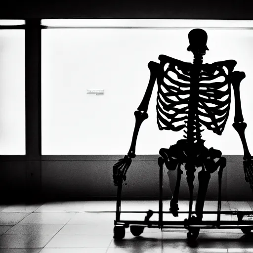 Image similar to a skeleton is wheeled by. to go to hospital. cinematic 3 5 mm