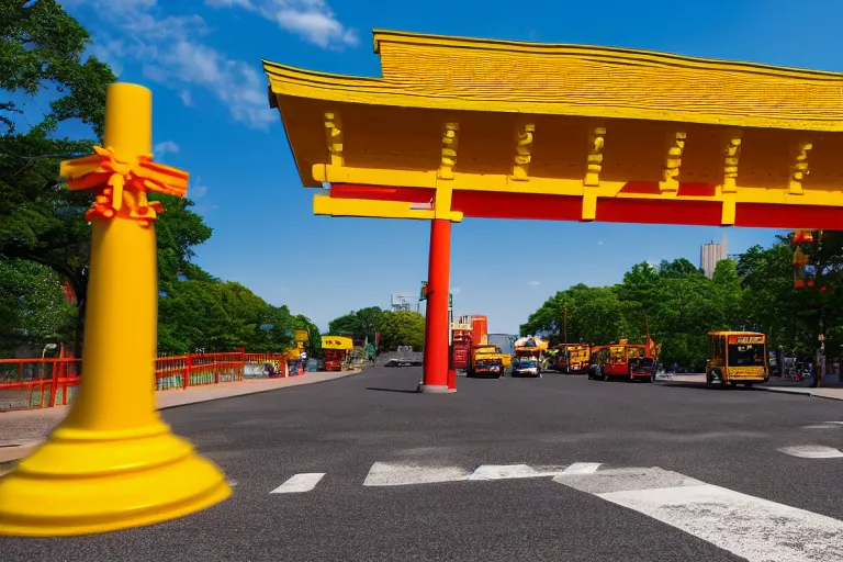 Image similar to Yellow school bus, driving towards a red japanese Torii gate, New York location in USA, ray tracing, high detail, 4K