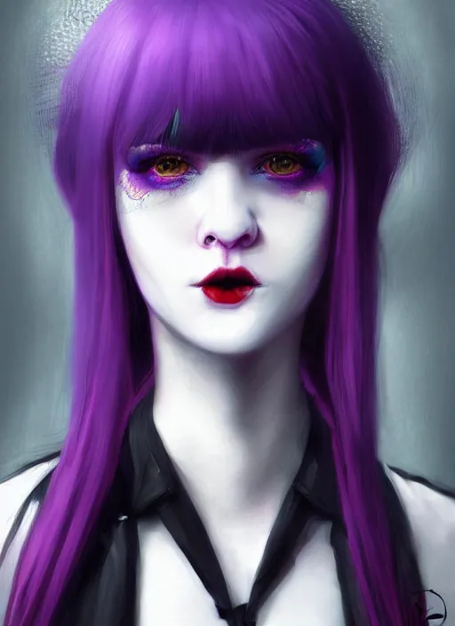 Image similar to portrait of white teenage girl, normal face, white bangs, mall goth, cyberlox, black and white hair, bangs, fluffy bangs, red contact lenses, purple lipstick, intricate, elegant, highly detailed, digital painting, artstation, concept art, sharp focus, smooth, illustration, art by wlop, mars ravelo and greg rutkowski