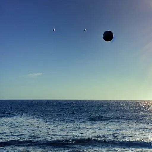 Image similar to a reflective golden eco sphere and torus in the sky over the ocean