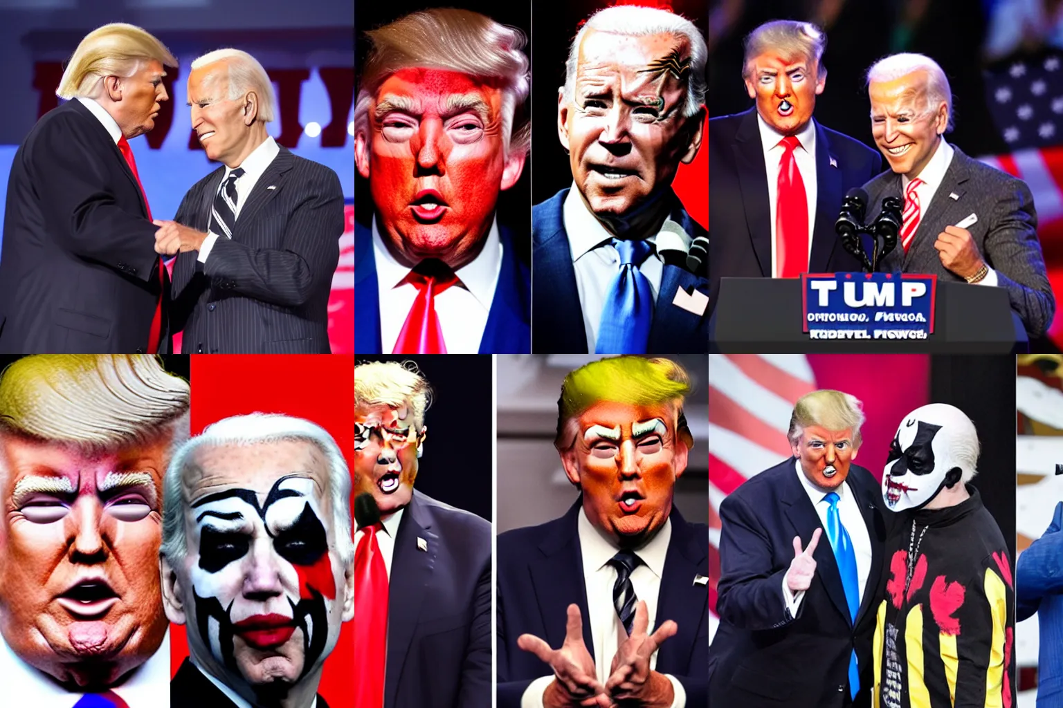 Prompt: Donald trump and Joe biden wearing juggalo makeup together on stage