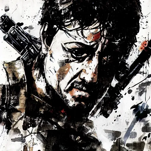 Prompt: an illustration of Stallone as Rambo by Yoji Shinkawa and Ashley Wood