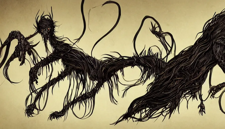 Image similar to concept art of a terrifying monster composed of feathers and string, twisted nightmare, brush hard, artstation, panormic, high quality, brush stroke