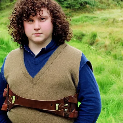 Image similar to pudgy British teen with short curly dark brown hair as a hobbit wearing a white men's crossbody sling chest bag and blue vest