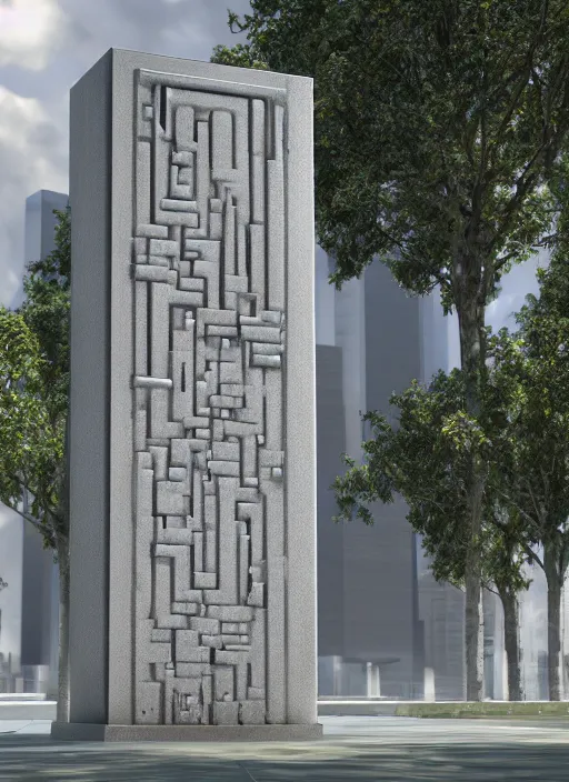 Prompt: highly detailed realistic architecture 3 d render of a futurisctic stele made from silver bars standing in a city park, archdaily, made in unreal engine 4 octane render