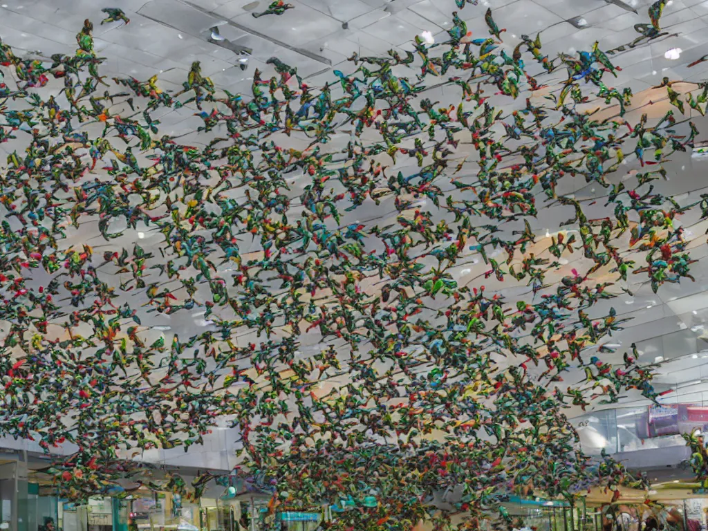 Prompt: a flock of parrots invading a shopping center