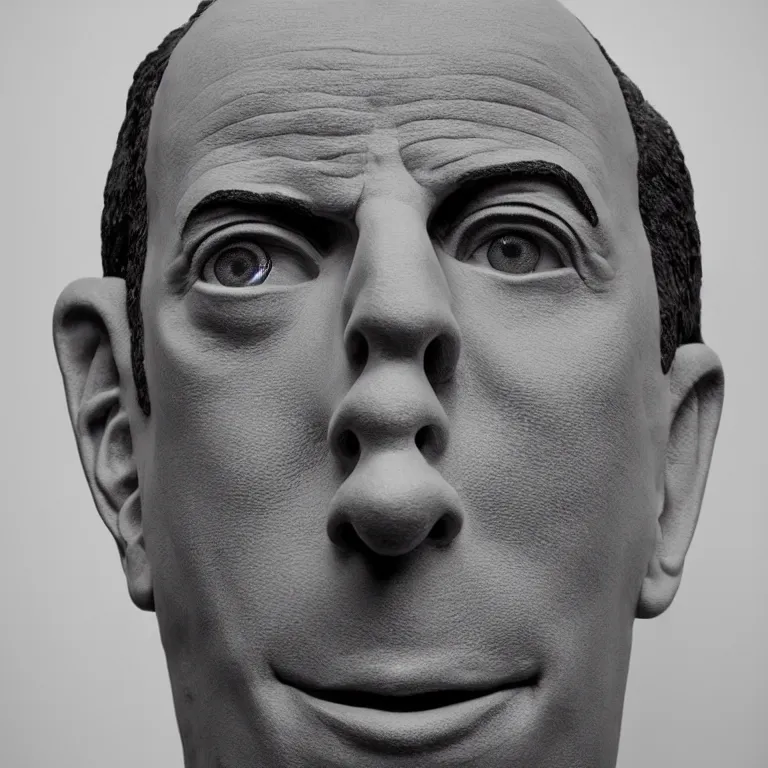 Image similar to beautiful studio photograph of colorful postmodern portrait sculpture of jerry seinfeld toothy smile, beautiful symmetrical face accurate face detailed face realistic proportions, made of charcoal - stained polymer clay on a pedestal by ron mueck and matthew barney and greg rutkowski, hysterical realism intense cinematic lighting shocking detail 8 k