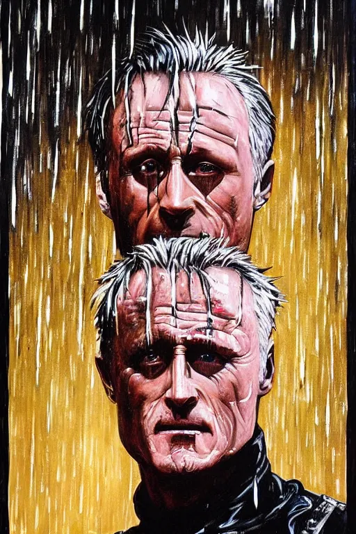 Image similar to a painting that asks the viewer to question the very purpose of life when all memories will be lost in time like tears in the rain, the replicant roy batty is capable of showing more empathy than his human creators, in the style of blade runner, ridley scott