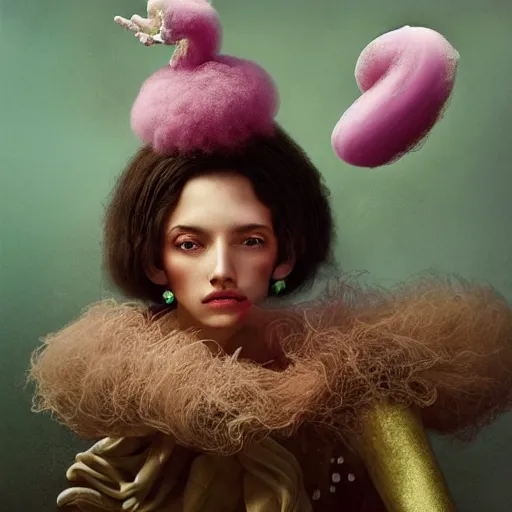 Image similar to a brown woman wearing a candy floss armor. super detailed. layered. textured. award winning. refracted lighting. fragile. by ray caesar. by louise dahl - wolfe, by andrea kowch. surreal photography.