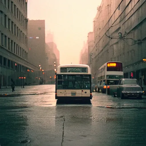 Prompt: 1990s perfect 8K HD professional cinematic photo of a bus in dystopian city, at evening during rain, at instagram, Behance, Adobe Lightroom, with instagram filters, depth of field, taken with polaroid kodak portra