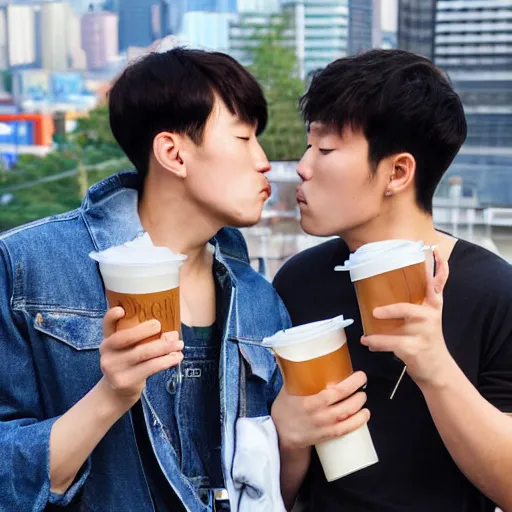 Image similar to two gay korean boys holding ice coffee while kissing outside looking over the city of seoul