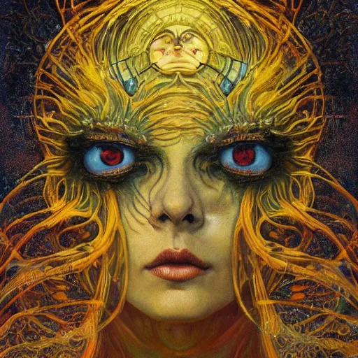 Image similar to Visions of Hell by Karol Bak, Jean Deville, Gustav Klimt, and Vincent Van Gogh, nightmare portrait, infernal, visionary, otherworldly, fractal structures, ornate gilded medieval icon, third eye, hellfire, spirals