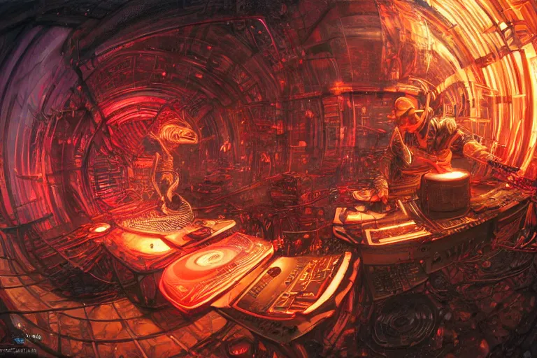Prompt: a fisheye lens photo of a post apocalyptic tribal neon cyborg dj tweaking and playing synthesizers in the most complicated and technical spiral fractal musical studio, powerful, cinematic, beautifully lit, by donato giancola, by artgerm, by karol bak, 3 d, perfect face and body, trending on artstation, octane render, 8 k
