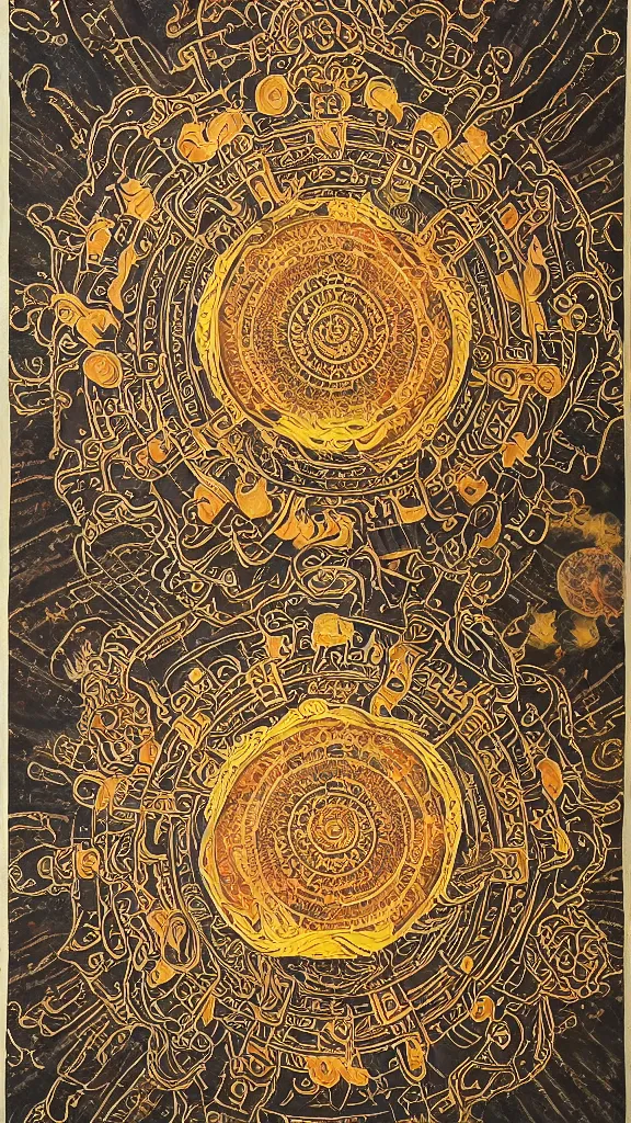 Prompt: yantra, tibetan thangka, giant lotus mandala, celestial bodies, Post apocalyptic, flying through time, portal into anotheer dimension, giant lotus mandala, intricate tapestry, ornate, highly detailed, epic, HD, 8K, rendered in Octane, hiroshi yoshida, moebius, exquisite, frame