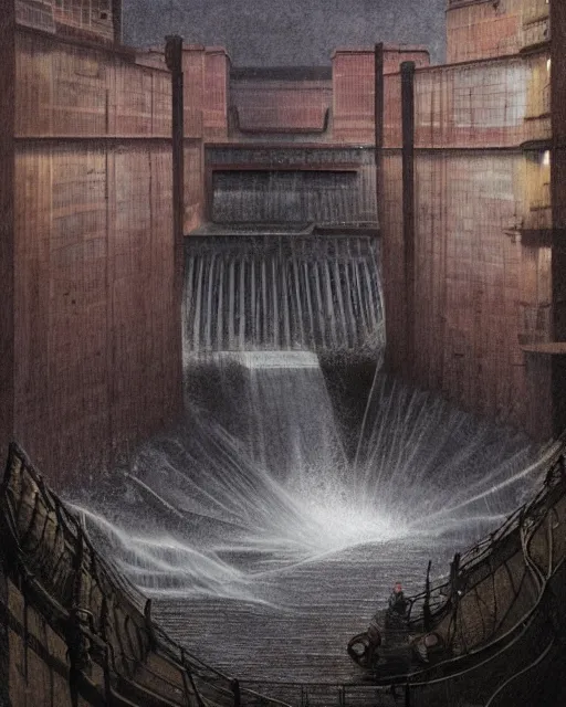 Image similar to illustration of the dam from the 2 0 0 0 s supernatural thriller'the overflow ', a high quality high detail painting by david mattingly and samuel araya and dave mckean and richard corben, hd 4 k 8 k, realistic hyperdetailed scene painting, photorealistic lighting, urban horror aesthetic, composition and scene layout inspired by gregory crewdson and joshua hoffne.