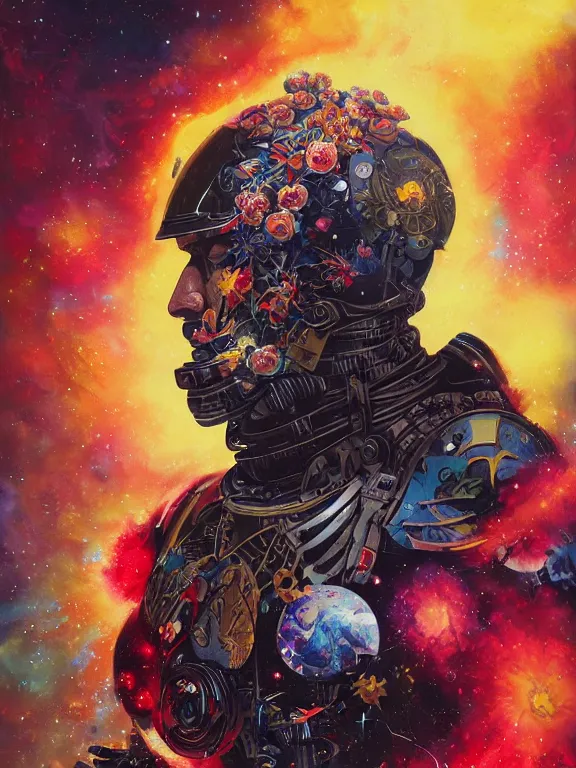 Prompt: art portrait of space marine with flower exploding out of head,by tristan eaton,Stanley Artgermm,Tom Bagshaw,Greg Rutkowski,Carne Griffiths,trending on DeviantArt,face enhance,hyper detailed,minimalist,cybernetic, android, blade runner,full of colour,