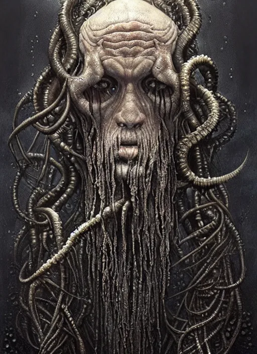 Image similar to portrait of a old lovecraftian underwater fish man hybrid with long wet tattered tangles of thinning black hair, eerie glowing eyes, wall hanging trophy taxidermy, hyper realistic head, fantasy art, in the style of greg rutkowski, zdizslaw beksinski, intricate, alphonse mucha, hyper detailed, smooth