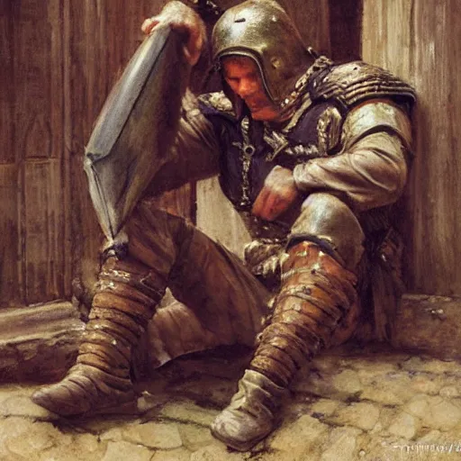Prompt: a medieval guard, relaxing after a fight, candid and worn out, fantasy character portrait by gaston bussiere, craig mullins