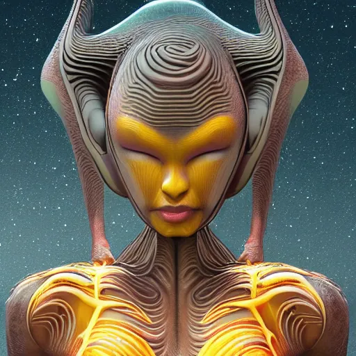 Image similar to detailed, symmetrical, unique, strangely beautiful, female alien, highly detailed, 3d, sci-fi, maximum complexity, awe