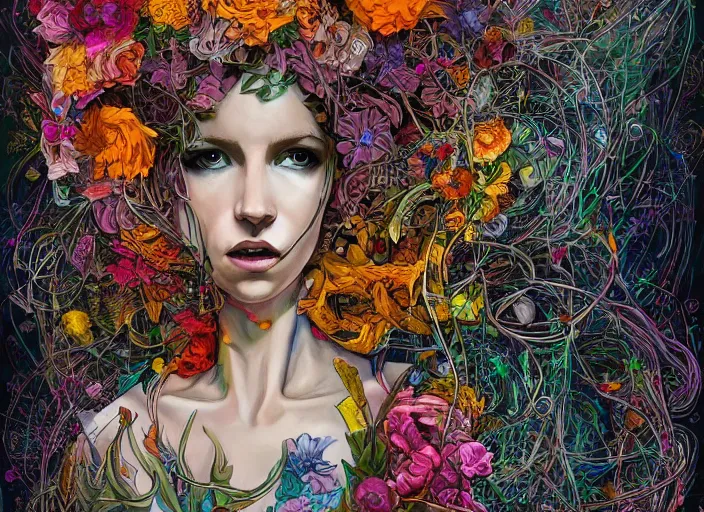 Prompt: a painting of a beautiful cyborg girl with a lot of flowers and plants on its head, surrounded by cables, poster art by android jones, behance contest winner, generative line art, made of flowers, grotesque, concert poster