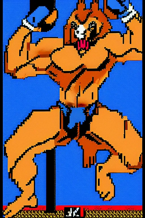 Image similar to extreme long shot. 8 bit nes graphics. antropomorphic muscular masculine wolf. kickboxer fighter, in shorts. wolf head. furr on body. like game contra.