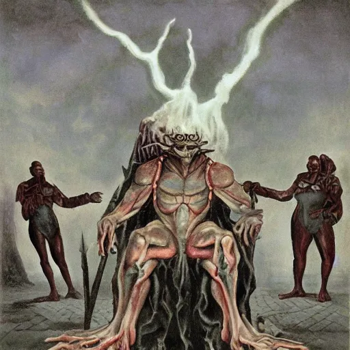 Image similar to malefic presence of the lobotomized god, overlord of the slave labour fief