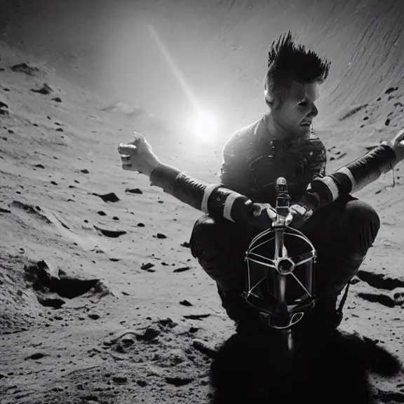 Prompt: dustin bates from starset band doing an epic cinematic pose on the moon, highly detailed, my demons video, masterpiece