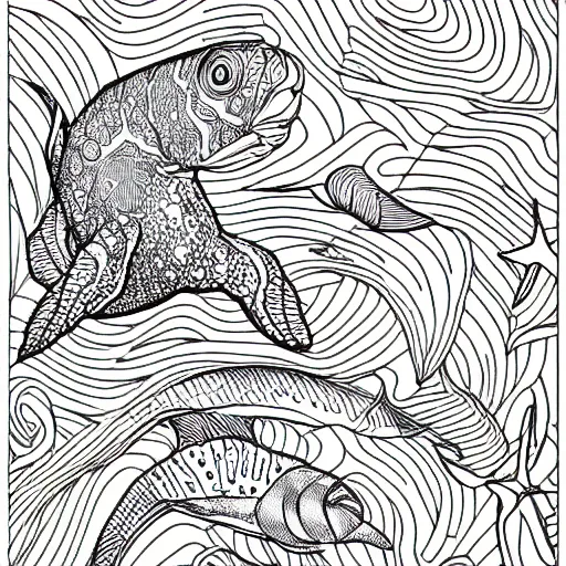 Prompt: a grayscale adult coloring page of sea life under the ocean