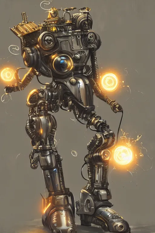 Image similar to chrome colored steampunk robot with electric particle effects, dynamic, action pose, digital painting, WLOP, trending on artstation, 8k, epic composition, highly detailed, sharp focus