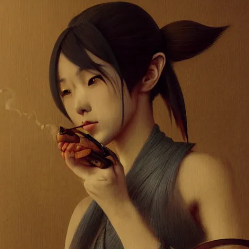 Image similar to fox, smoking wooden pipe, kumadori makeup, inside japanese temple, national geographic, anime style, symmetrical facial features, avatar for website, hyper realistic, rule of thirds, extreme detail, 4 k, detailed drawing, trending artstation, realistic lighting, by alphonse mucha, greg rutkowski, sharp focus, backlit