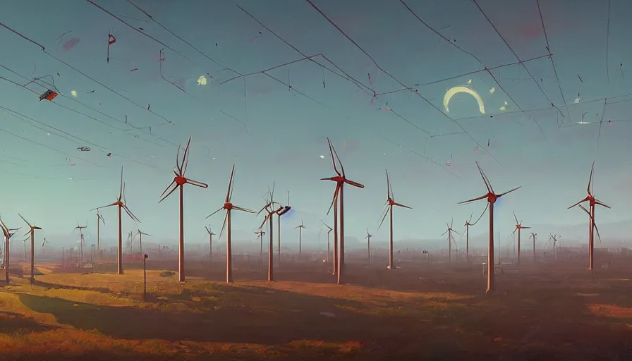 Image similar to city full of solar panels and windmills, early morning sun in the sky, simon stalenhag