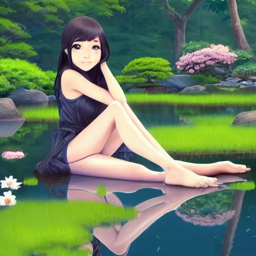 Image similar to a beautiful girl with long dark hair, sitting by a pond, japanese garden, daytime, sharp focus, intricate, digital painting, artstation, official media, anime key visual, highly detailed, rich vivid colors, ambient lighting, illustration, art by Artgerm, Makoto Shinkai, Ilya Kuvshinov, Lois Van Baarle, and Rossdraws